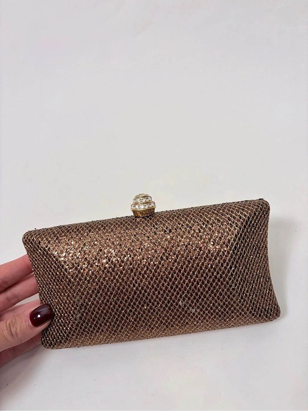 bebe Bronze Metallic Mesh Evening Clutch with Rhinestone Clasp - Picture 3 of 6
